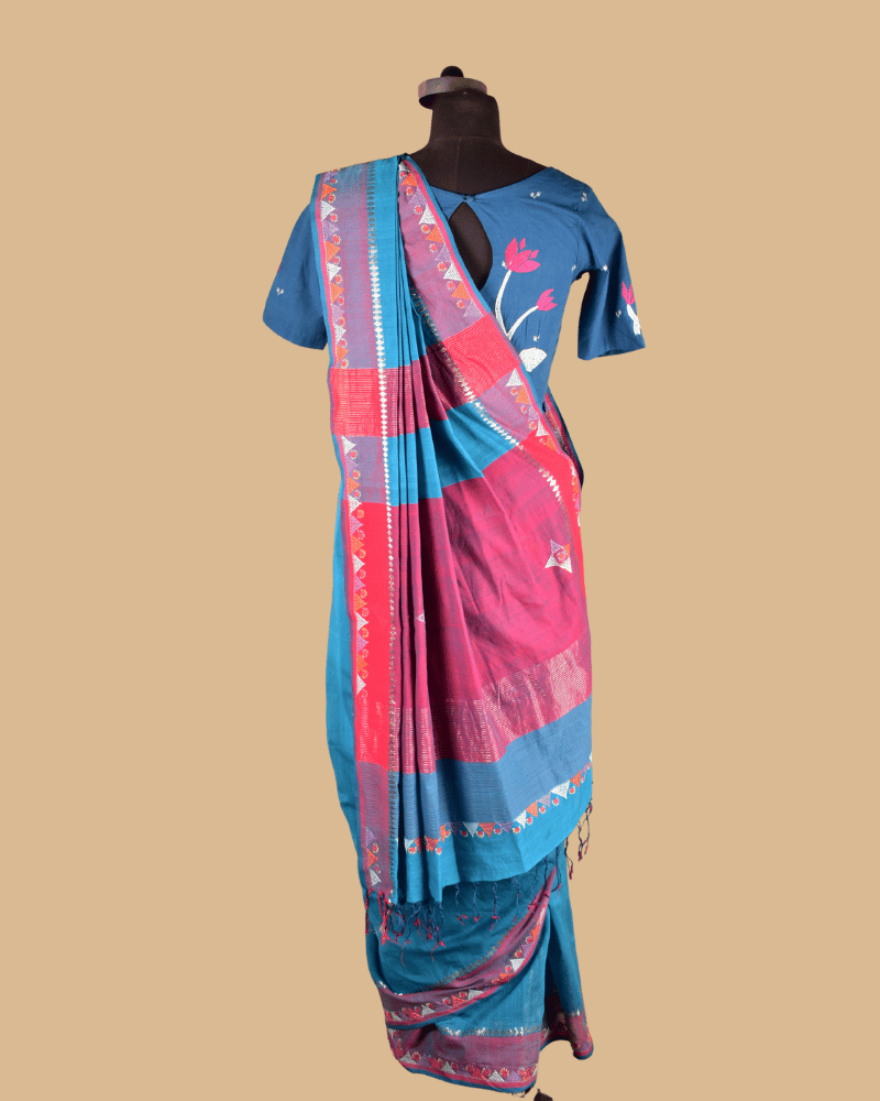 Sky Blue Cotton Saree with Hand Embroidery