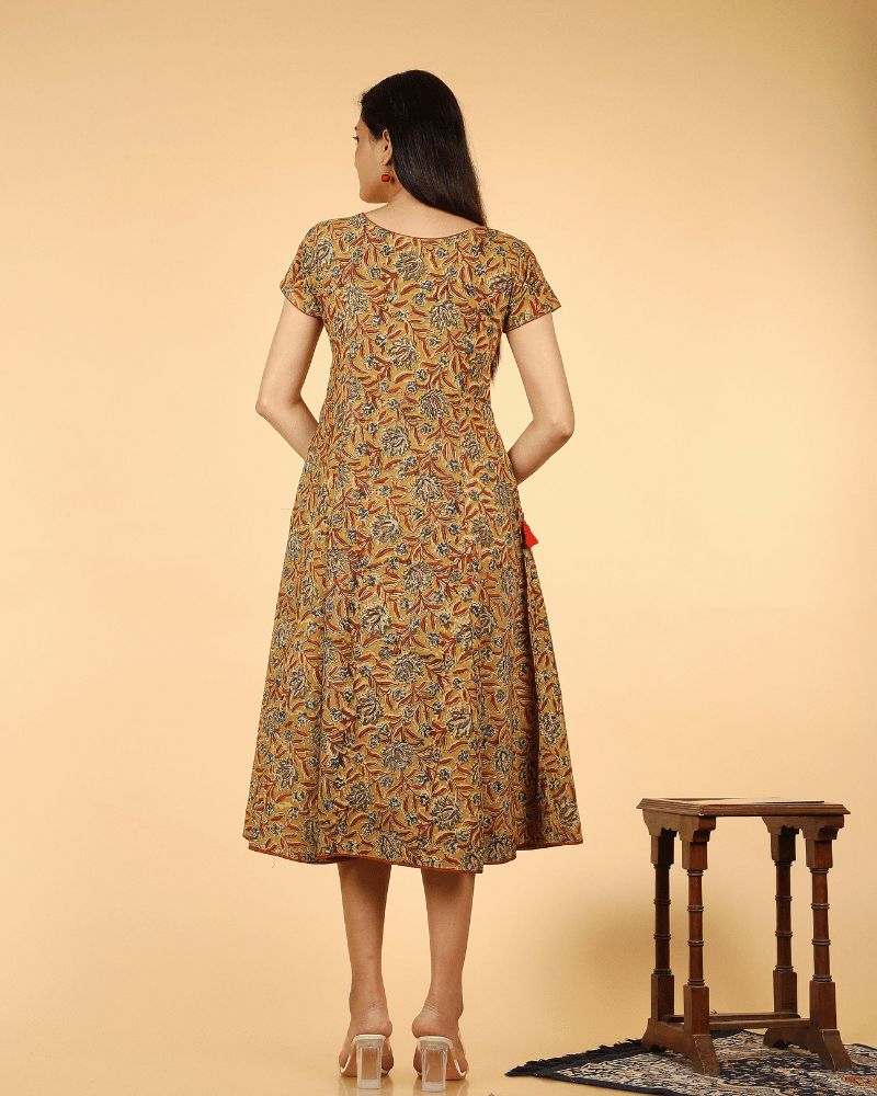 Yellow Floral kalamkari Dress with a Boat neck and Sleeve