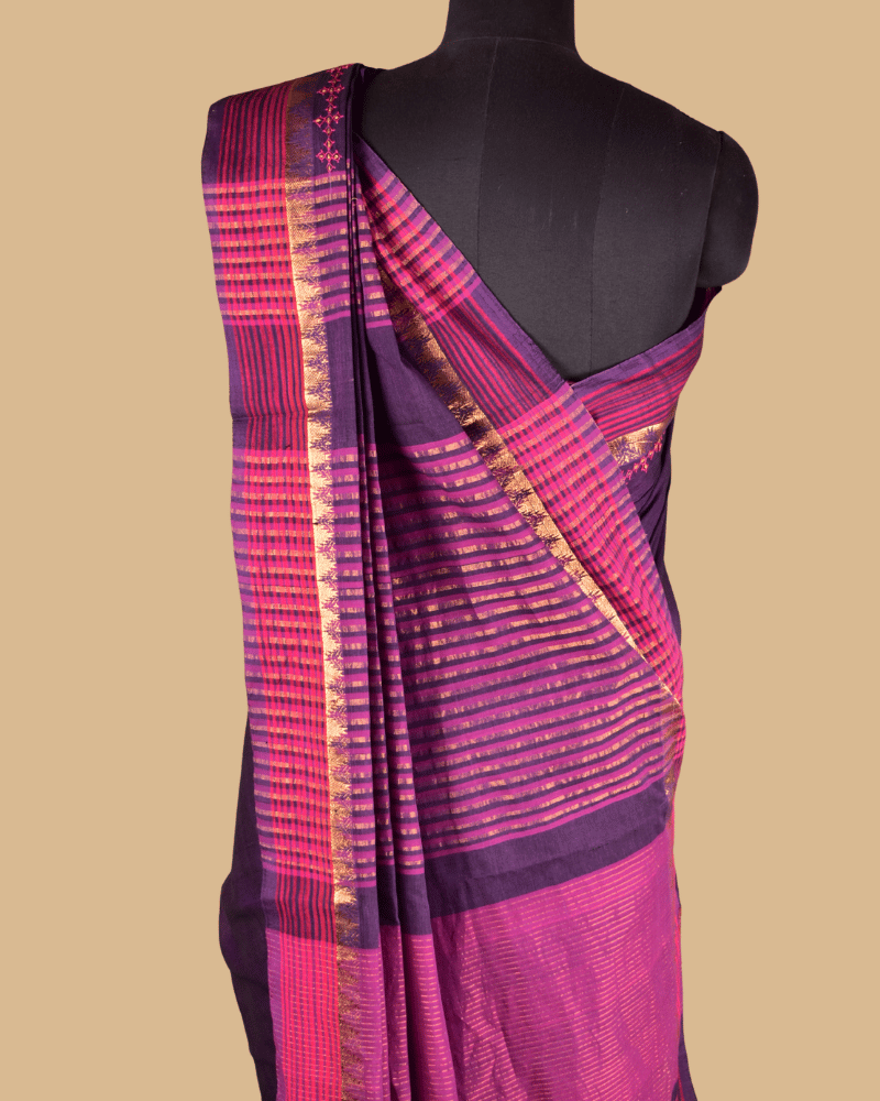 Purple Cotton Saree with Hand Embroidery