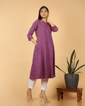 A line Purple Ikat Cotton Kurta with Pleated V Yoke - pocket