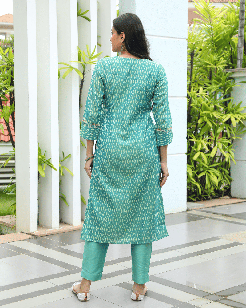 Teal Straight Fit Mercerized Ikat Printed Kurta - back
