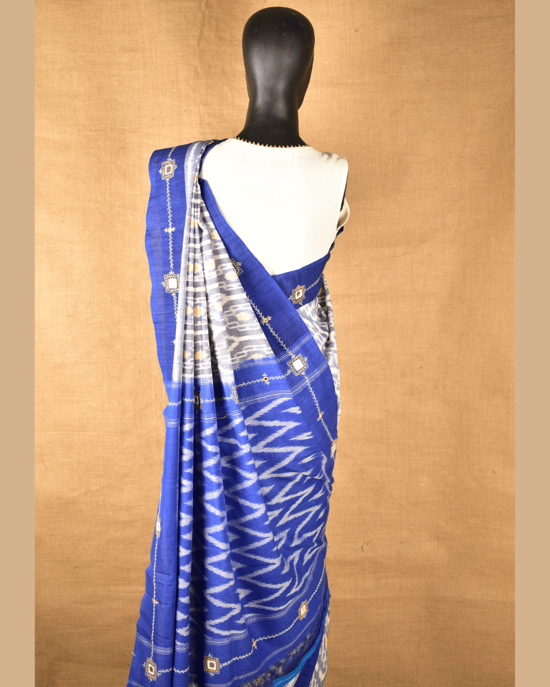 Grey ikat saree with hand embroidery