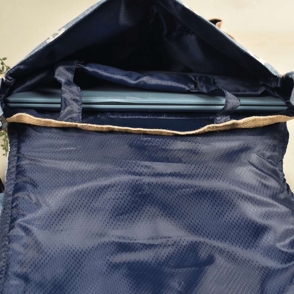 Cross body blue denim laptop bag - inside