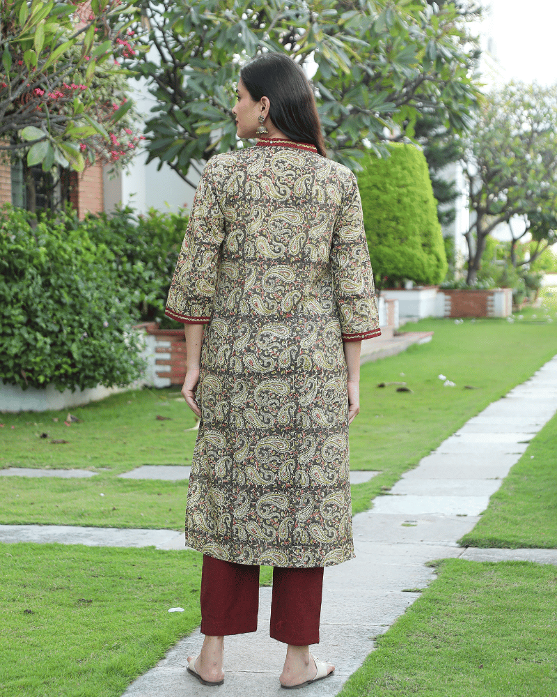 Green Kalamkari Overlapped V Collar kurta - back
