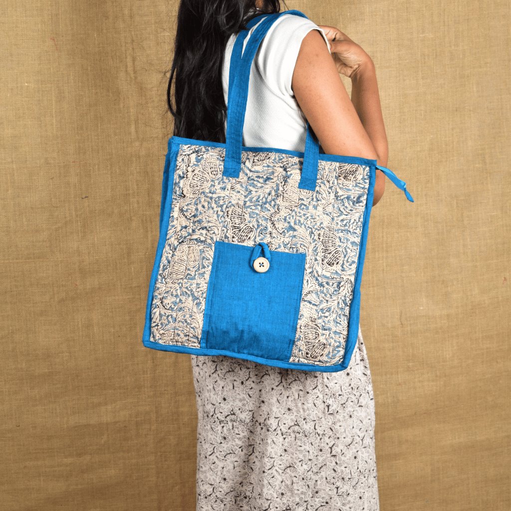 Sky Blue Kalamkari Quilted Tote Bag