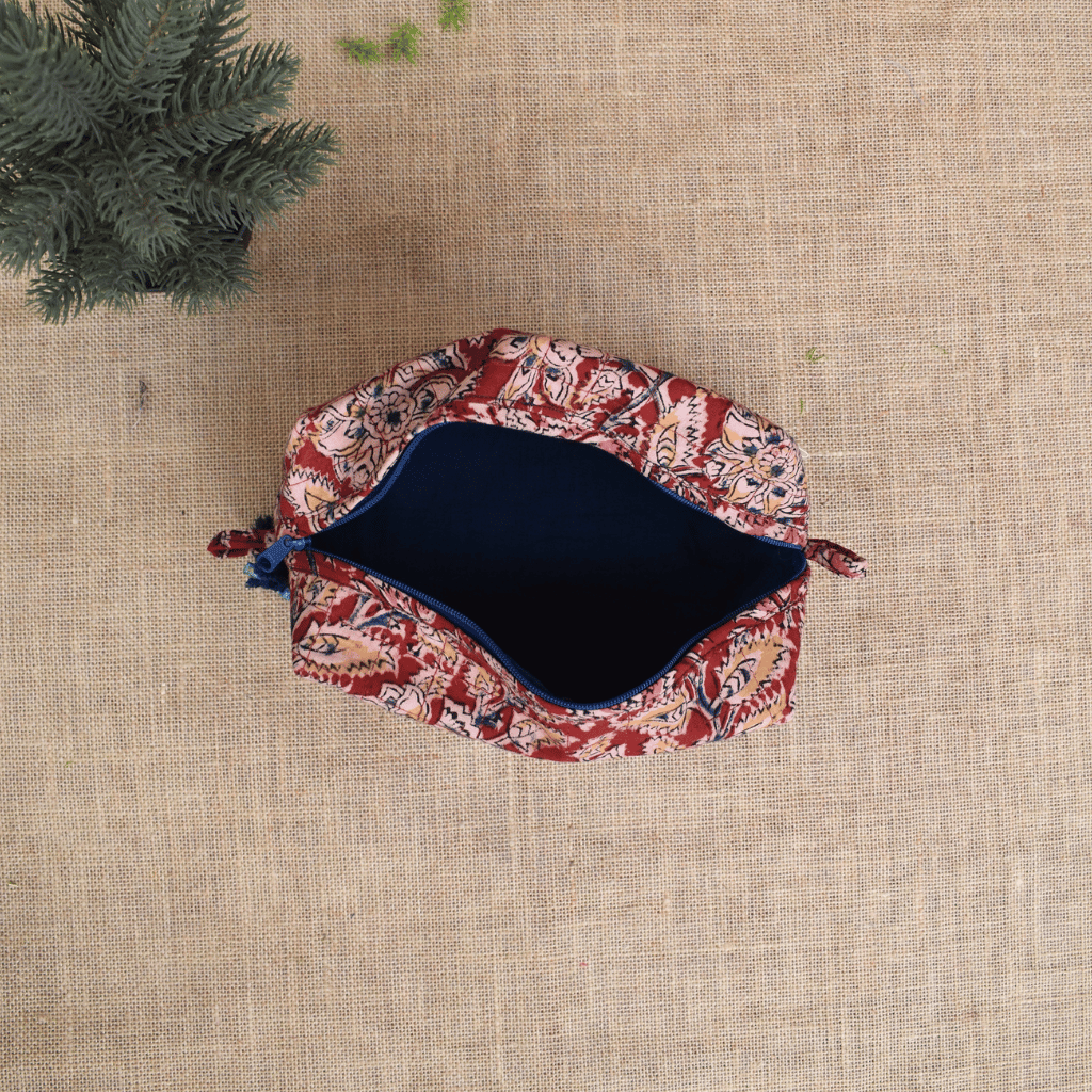 Red kalamkari travel cosmetic bag - inside