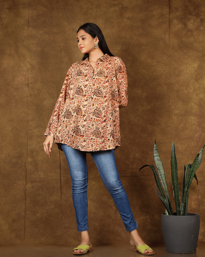 Stylish Women’s Rust Kalamkari Cotton Shirt - sleeve