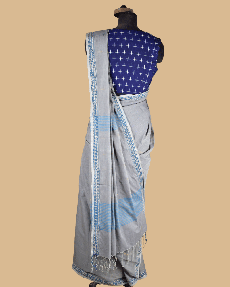 Grey Cotton Saree with Hand Embroidery