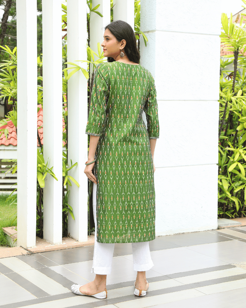 Hand Embroidery Mehndi green ikat silk kurta - back