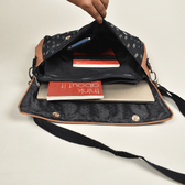 "Samarth" laptop bag in black ikat and faux leather - pockets