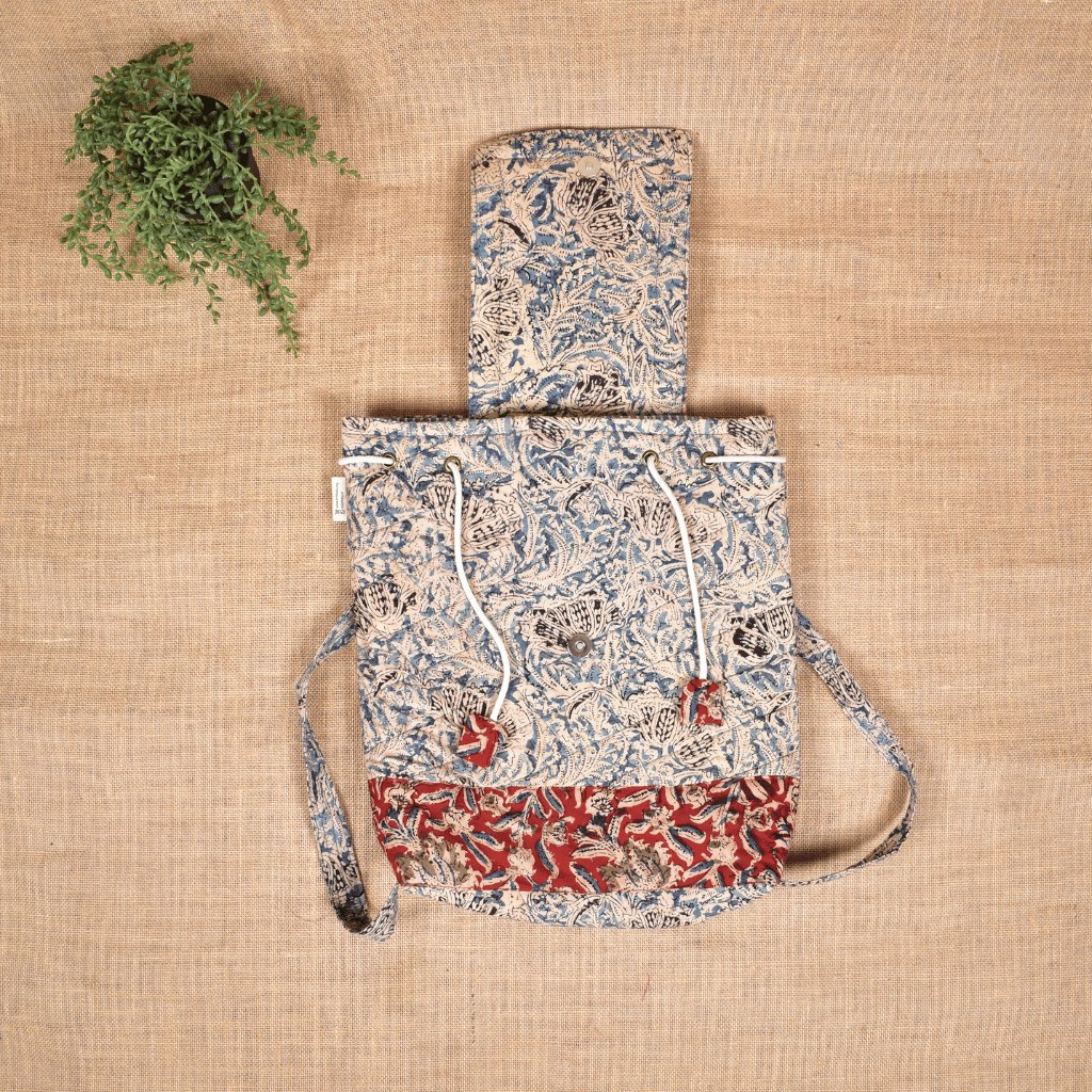 Quilted Blue Kalamkari Backpack Bag - flap