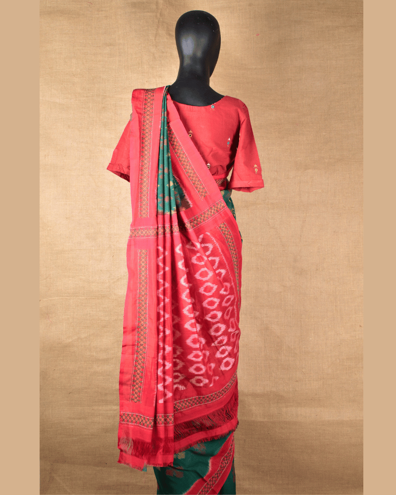 Green ikat saree with hand embroidery
