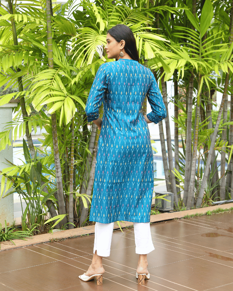 Blue Women’s Mercerized Ikat Straight Kurta