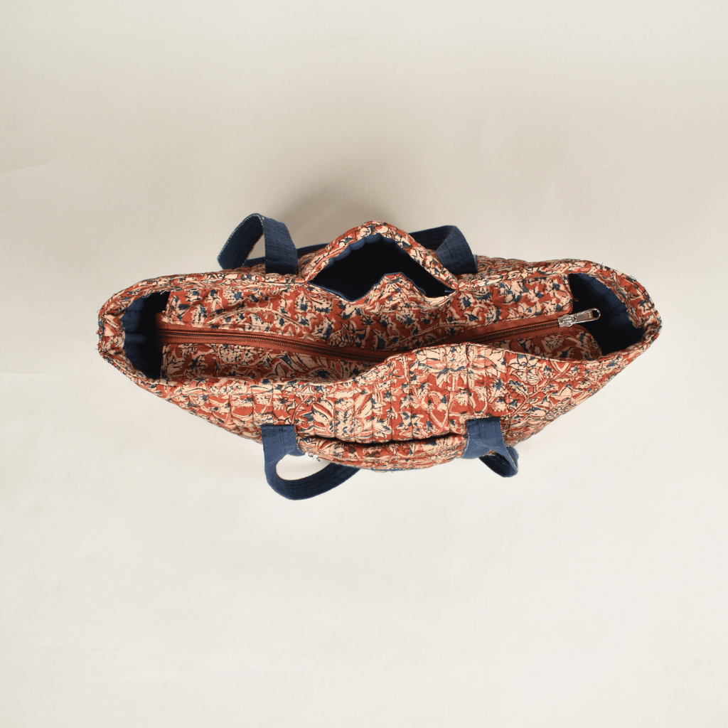 Quilted Red Kalamkari Large Tote Bag - zip