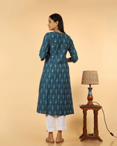 A symmetric Teal Blue Ikat Embroidery Kurta - back
