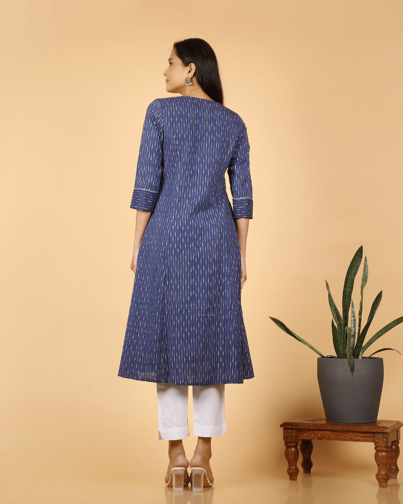 A line Blue Ikat Cotton Kurta with Pleated V Yoke - back