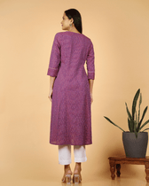A line Purple Ikat Cotton Kurta with Pleated V Yoke - back