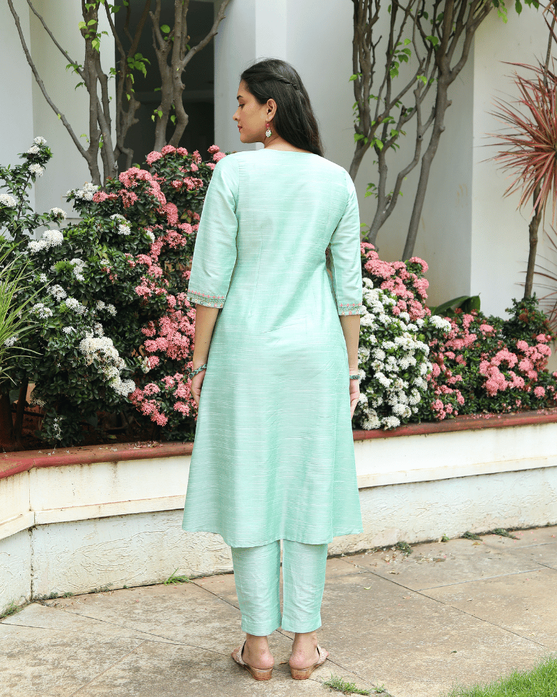 Mint Green Festive Silk Kurta with Frill Embroidery - back