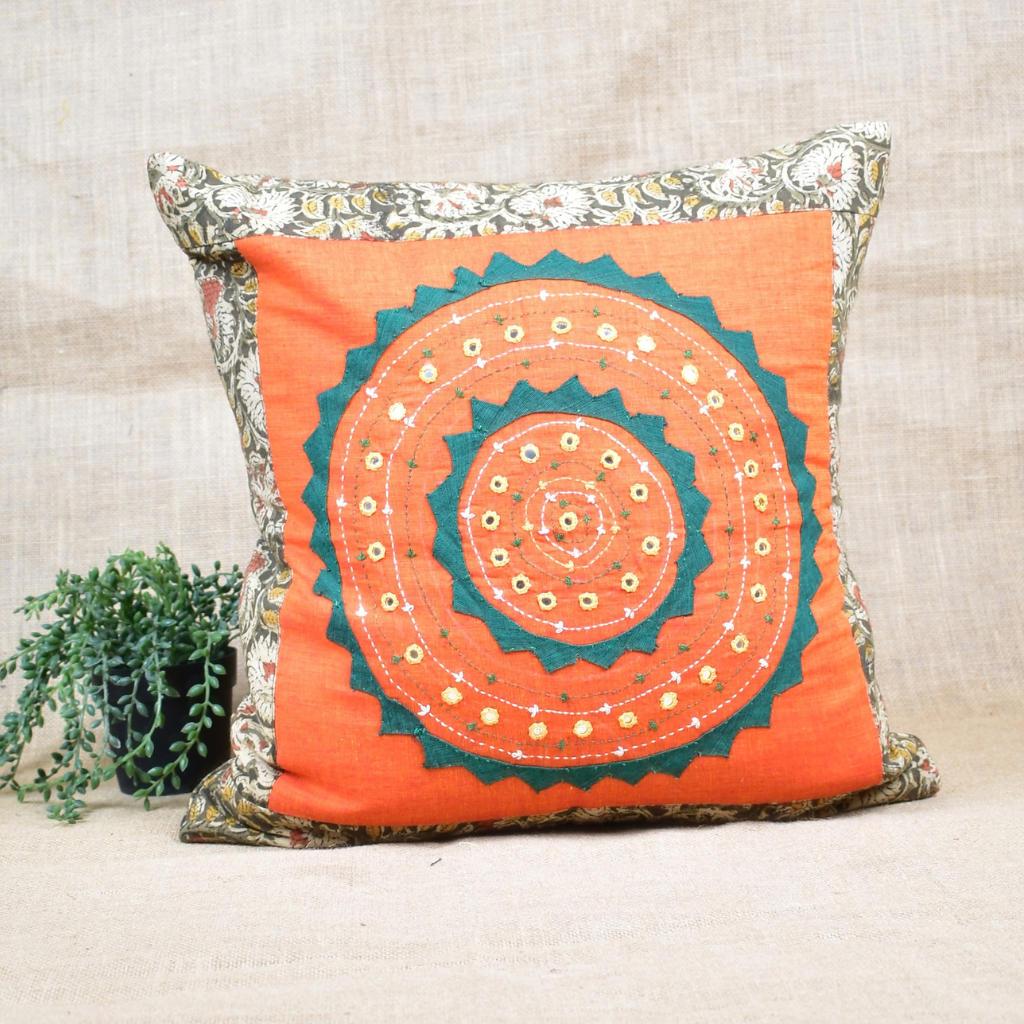 Orange Kalamkari Embroidered  with mirror work
Cushion Cover 