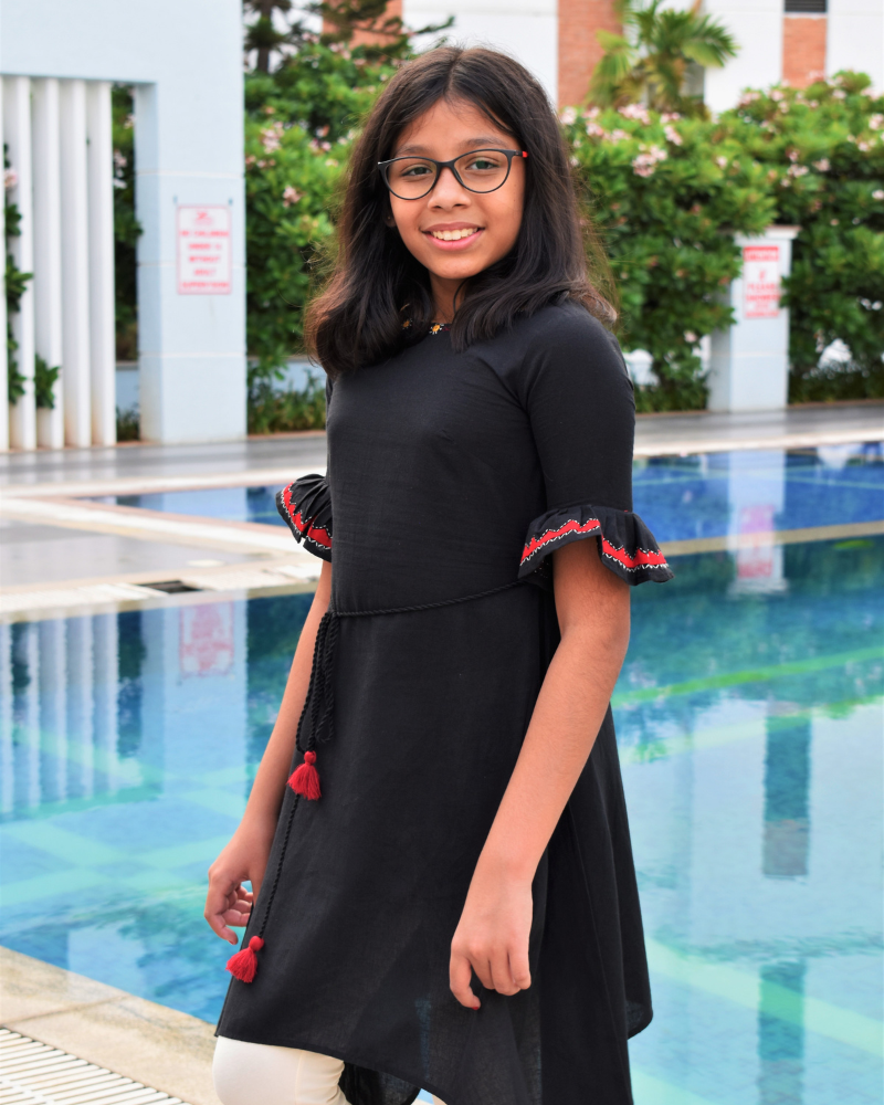 Black Hand Embroidered Kurta With Flared Sleeves