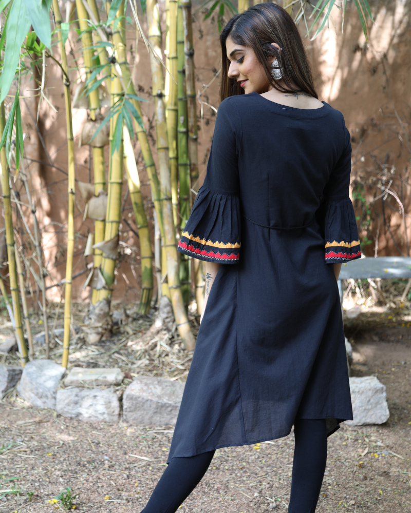 Black Handloom Kurta With Applique Work