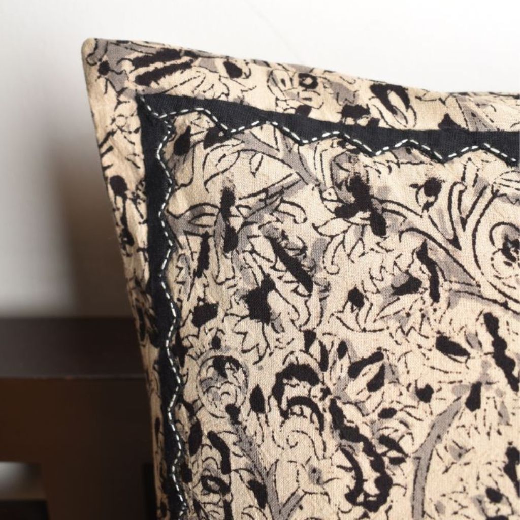 Black Kalamkari cushion cover with applique