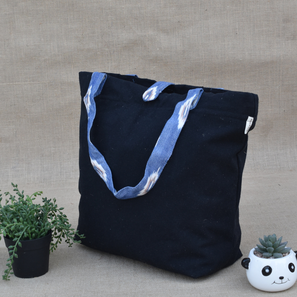 Black Canvas Bag with Blue Ikat Handle