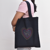 Black canvas tote bag - heart embroidery
