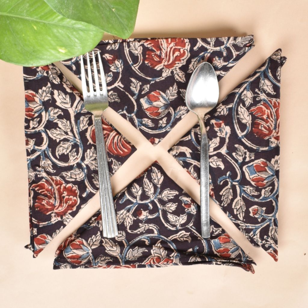Black kalamkari cotton table napkins