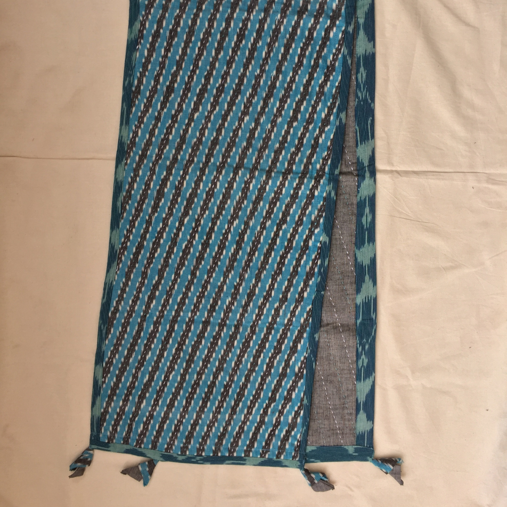 Blue And Grey Ikat Reversible Table Runner With Kantha Embroidery