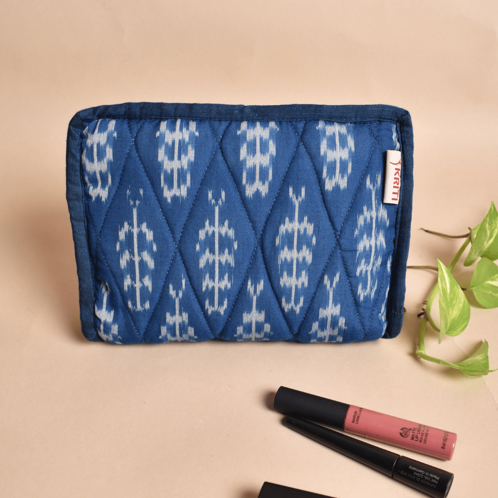 Blue Ikat Jewellery Case with 4 Zip Pockets - front