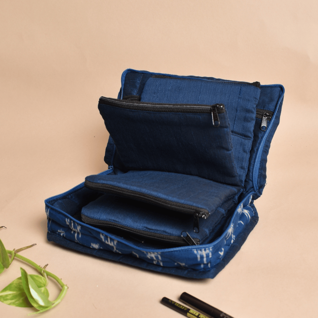 Blue Ikat Jewellery Case with 4 Zip Pockets - inside 
