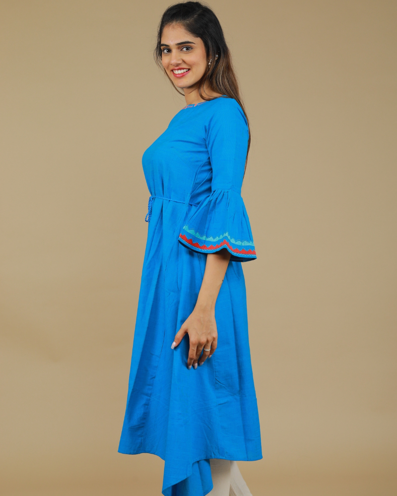 Blue Hand Embroidered Kurta With Flared Sleeves