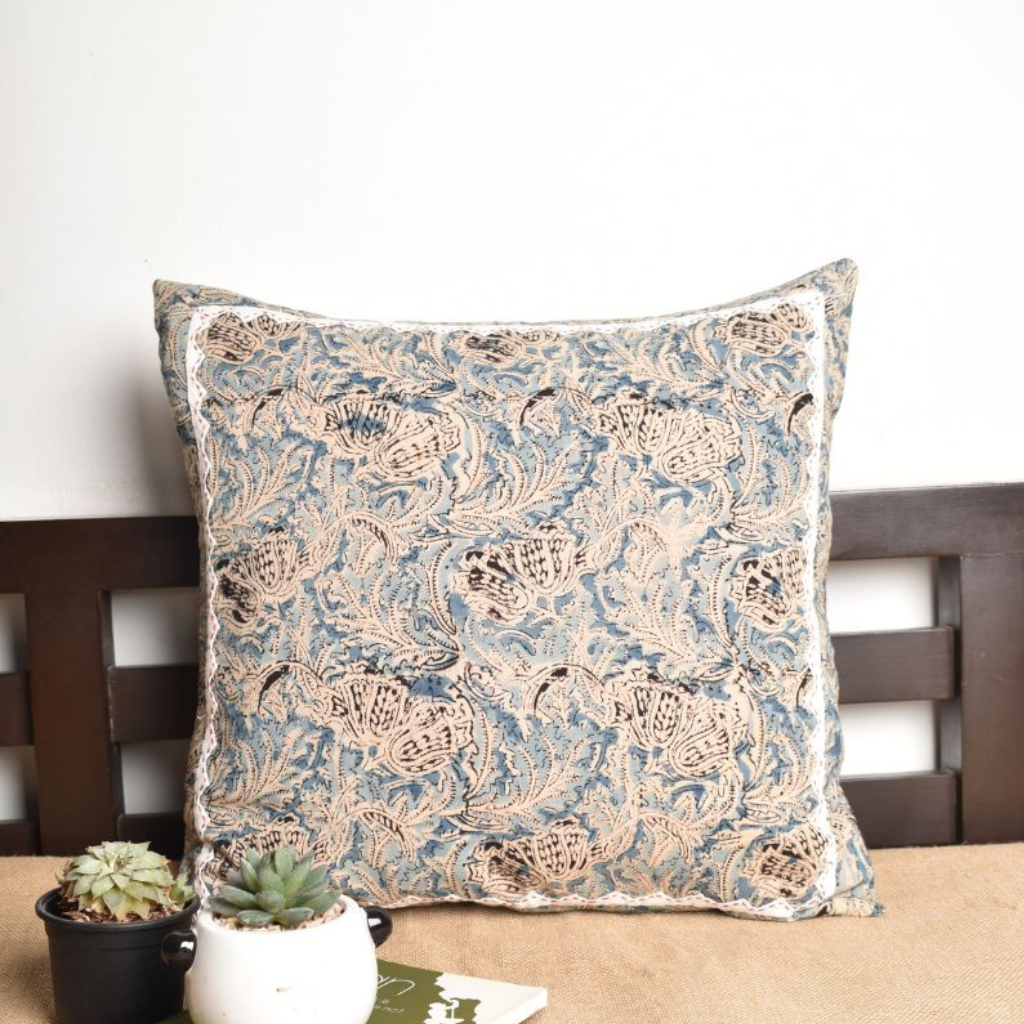 Blue Kalamkari cushion cover with applique