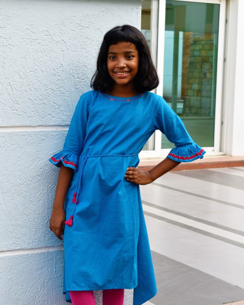 Blue Kurta With Flared Sleeves For Girls