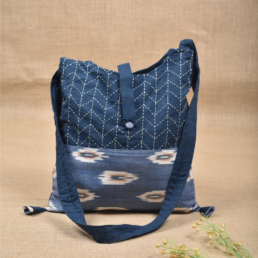 Blue and White Ikat sling bag with hand embroidery