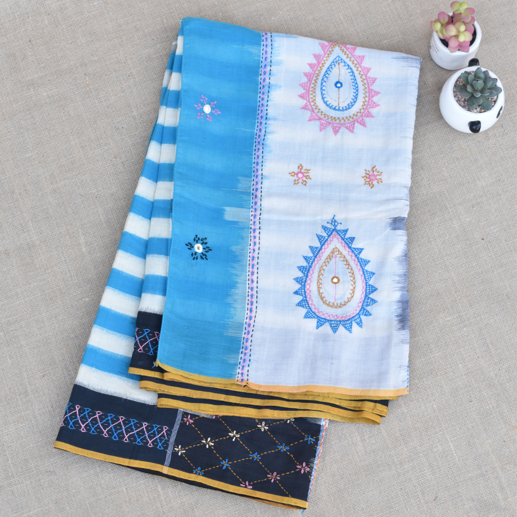 Blue and black handloom double ikat saree with hand embroidery