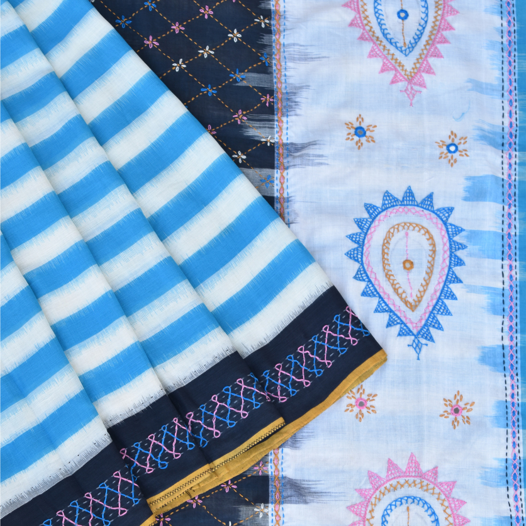 Blue and black handloom double ikat saree with hand embroidery