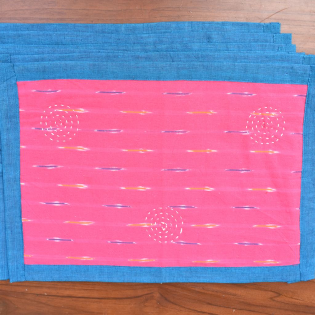 Blue and pink ikat reversible table mat set of six