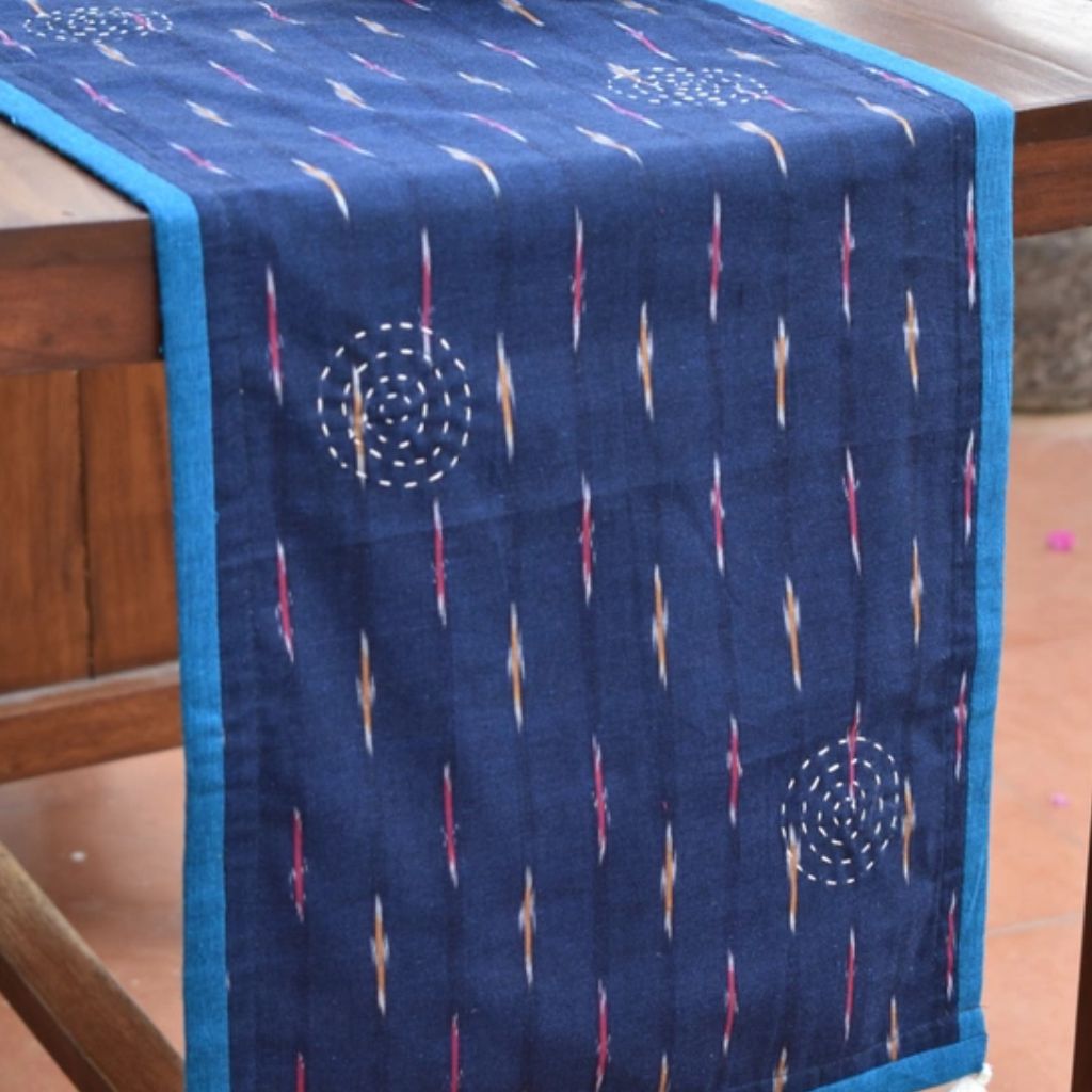 Blue and pink ikat reversible table runner with kantha embroidery