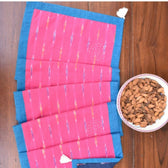 Blue and pink ikat reversible table runner with kantha embroidery
