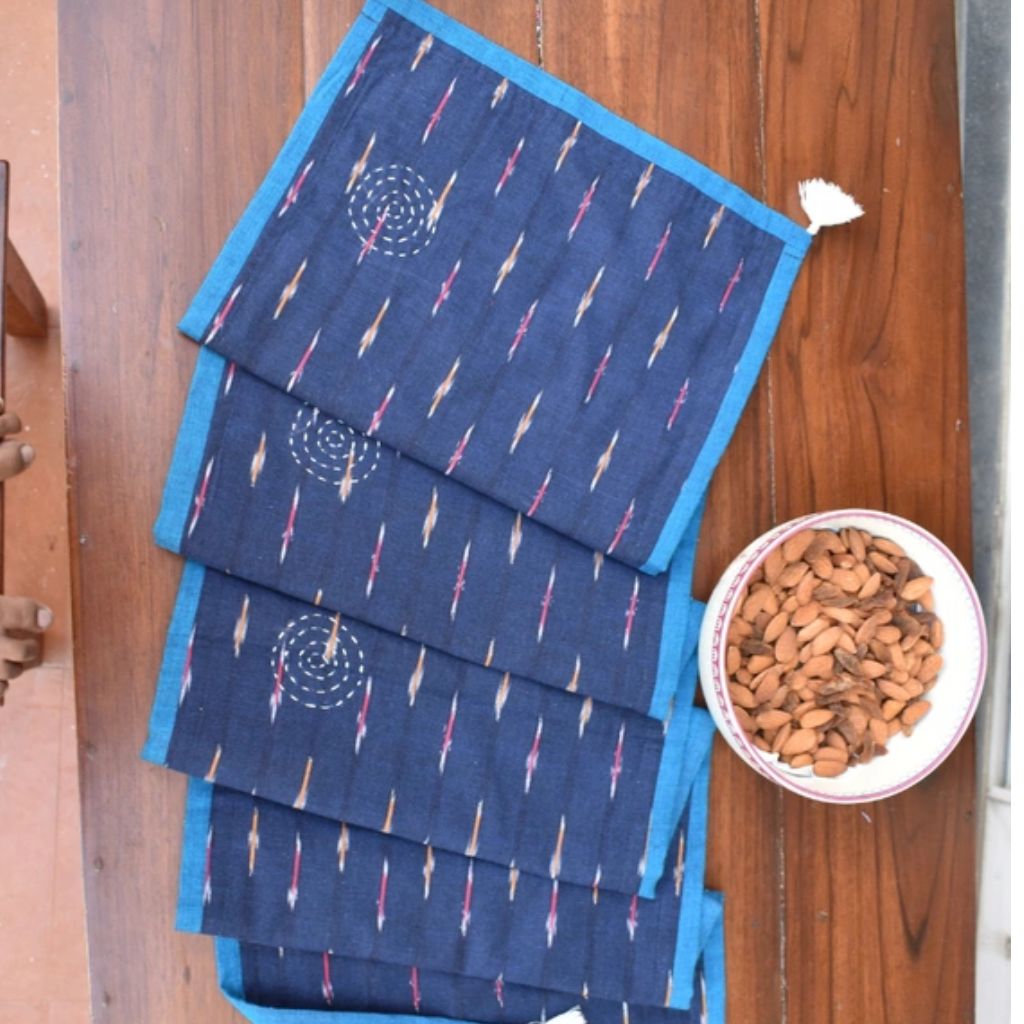Blue and pink ikat reversible table runner with kantha embroidery