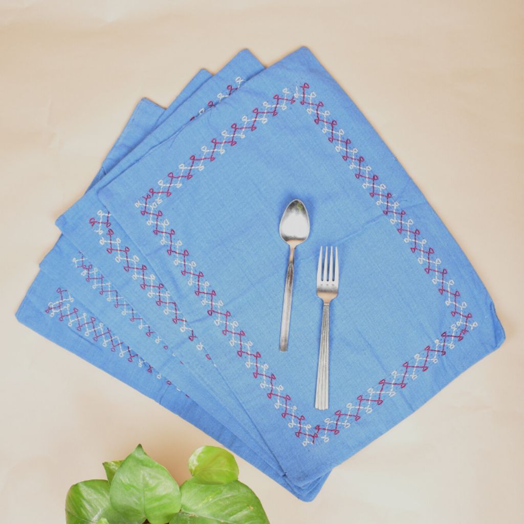 Blue cotton embroidered table Mats