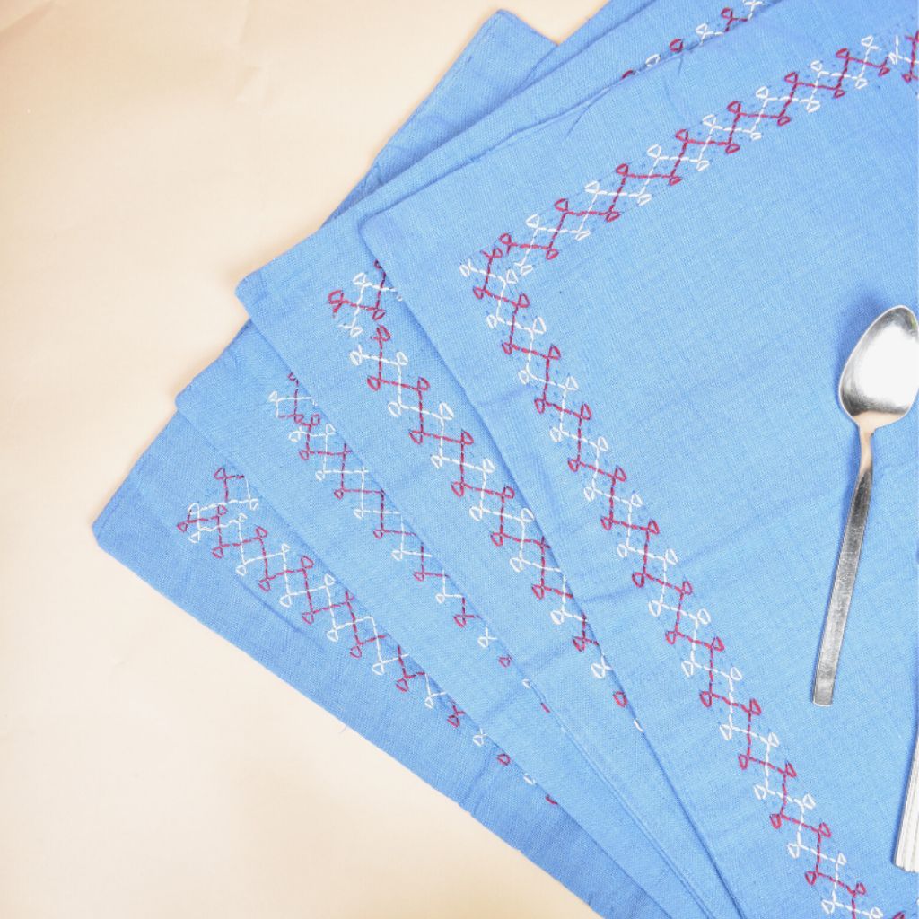 Blue cotton embroidered table Mats