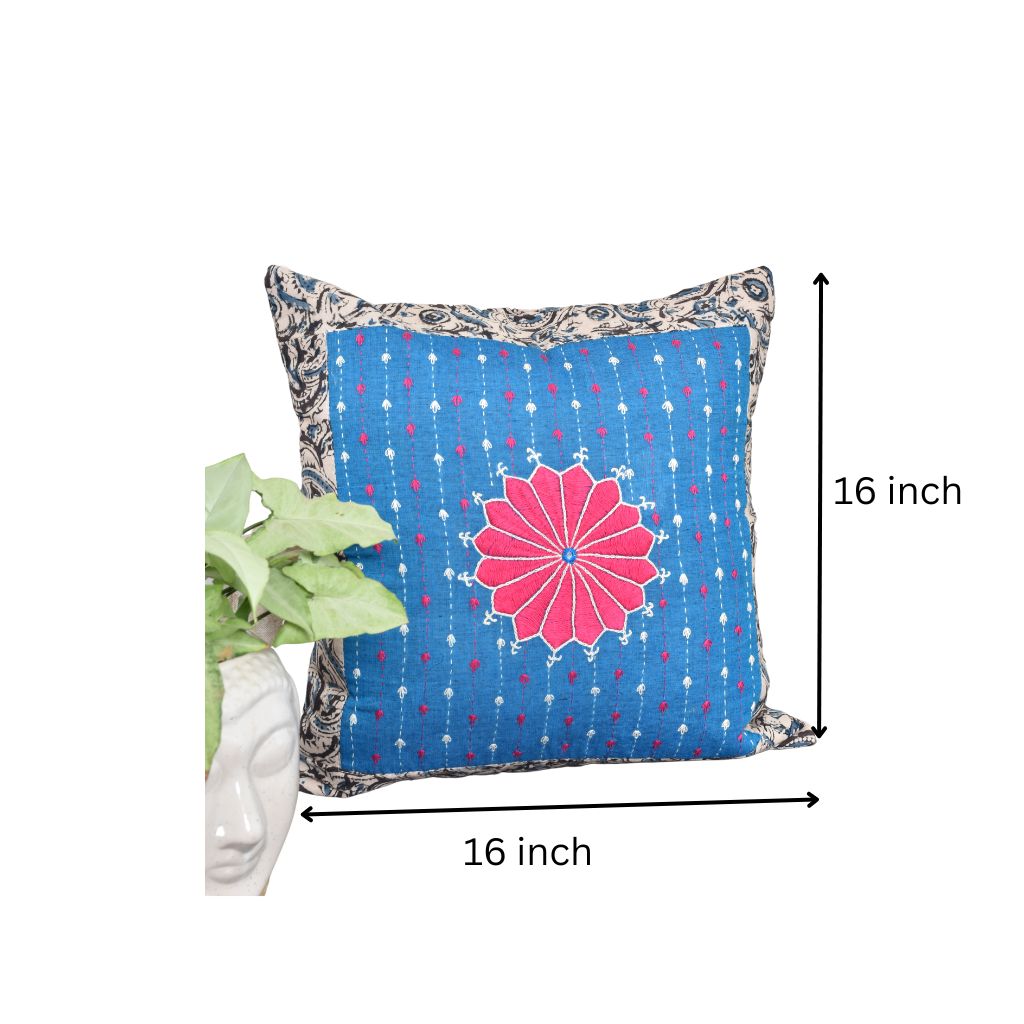 Blue cotton with Kalamkari Embroidered Cushion Cover
