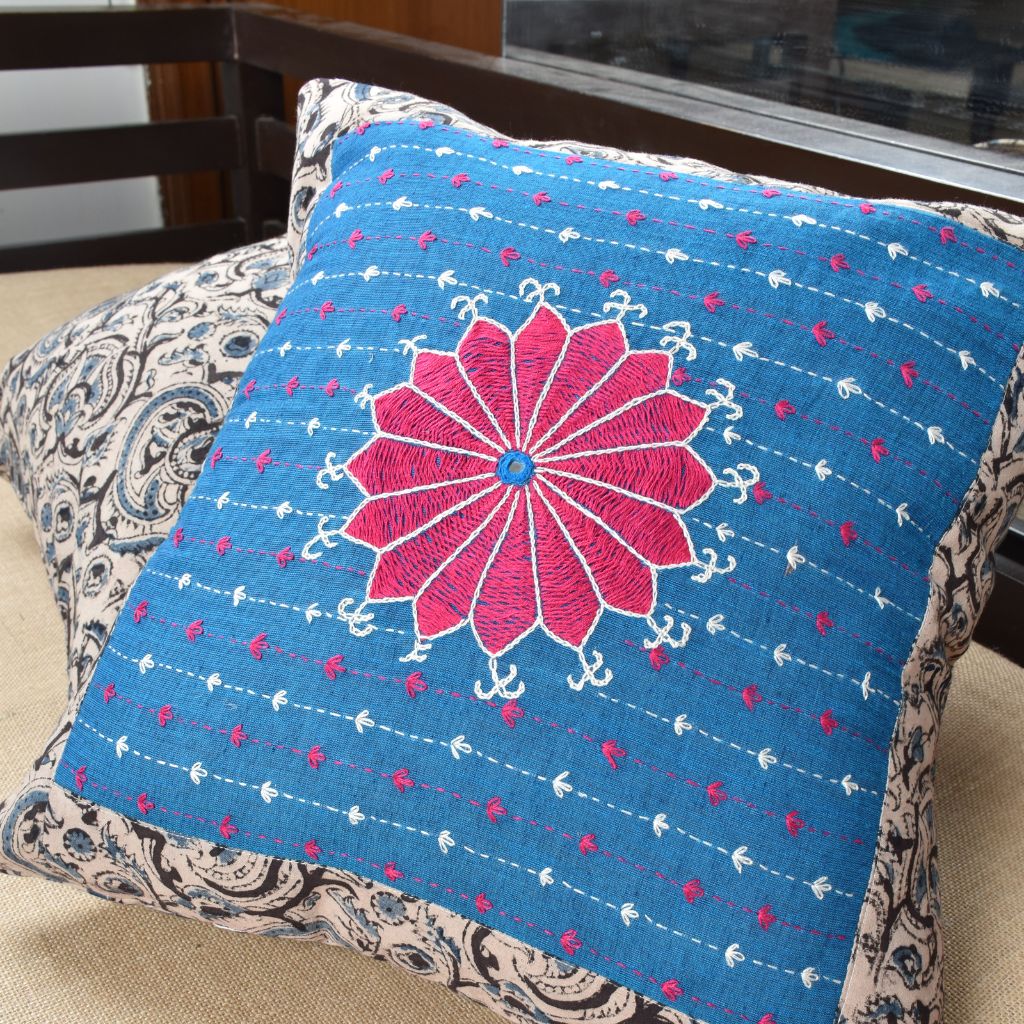Blue cotton with Kalamkari Embroidered Cushion Cover