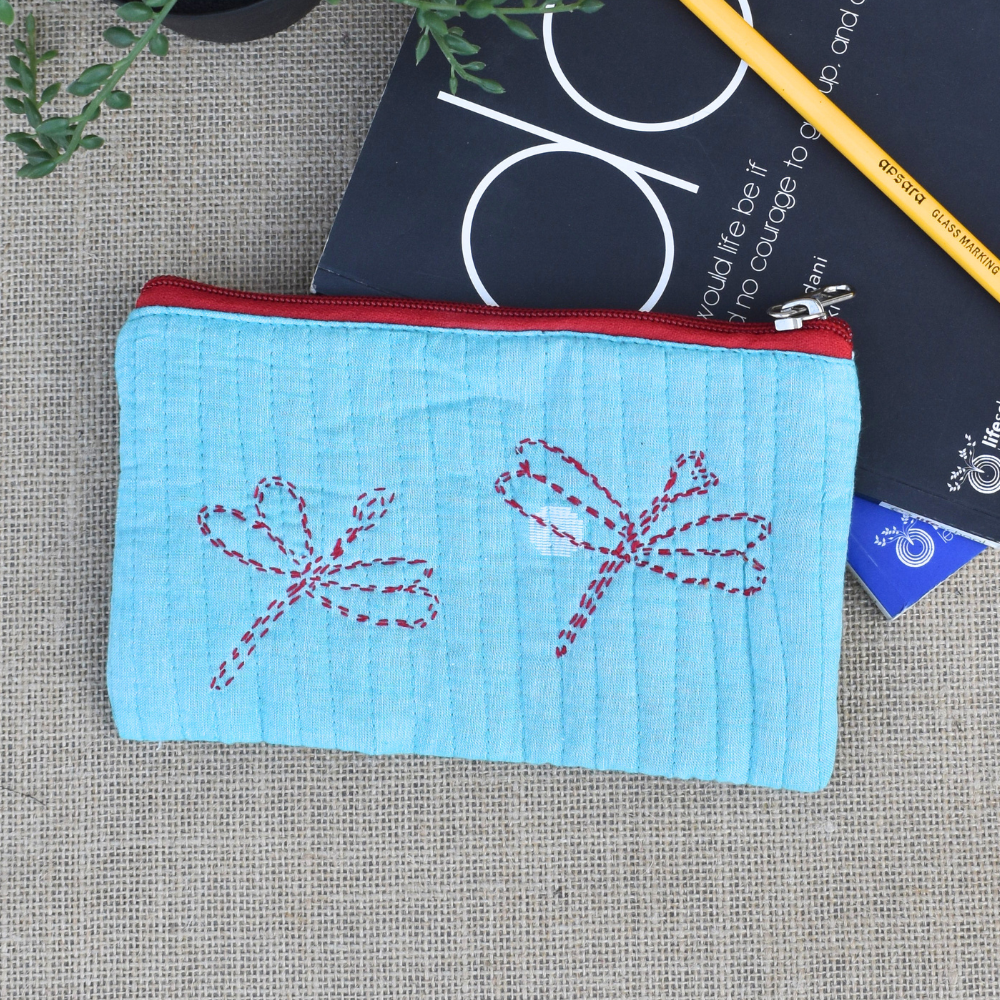 Light blue hand embroidered pouch