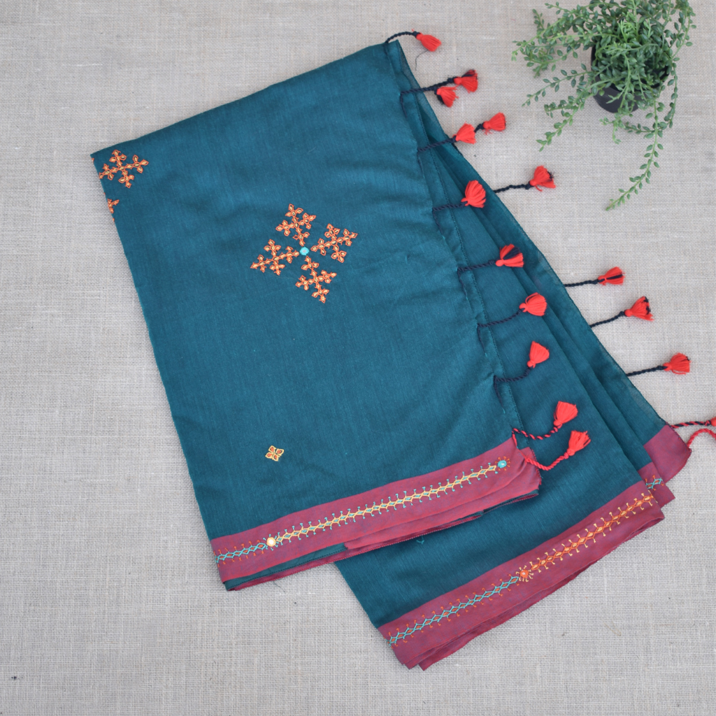 Blue green handloom saree with traditional banjara embroidery