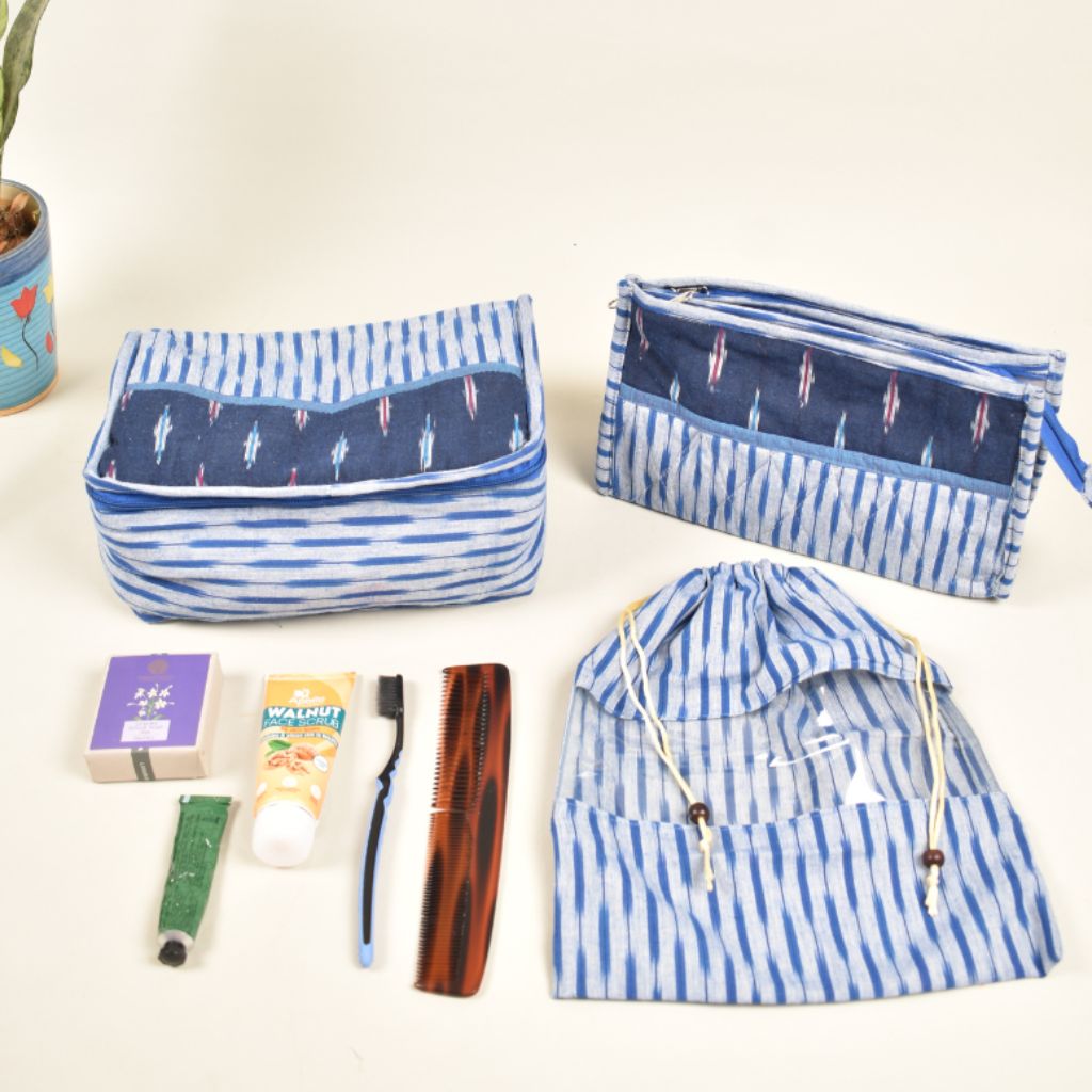 Blue ikat travel set with toiletry pouch, shoe bag and undergarment bag