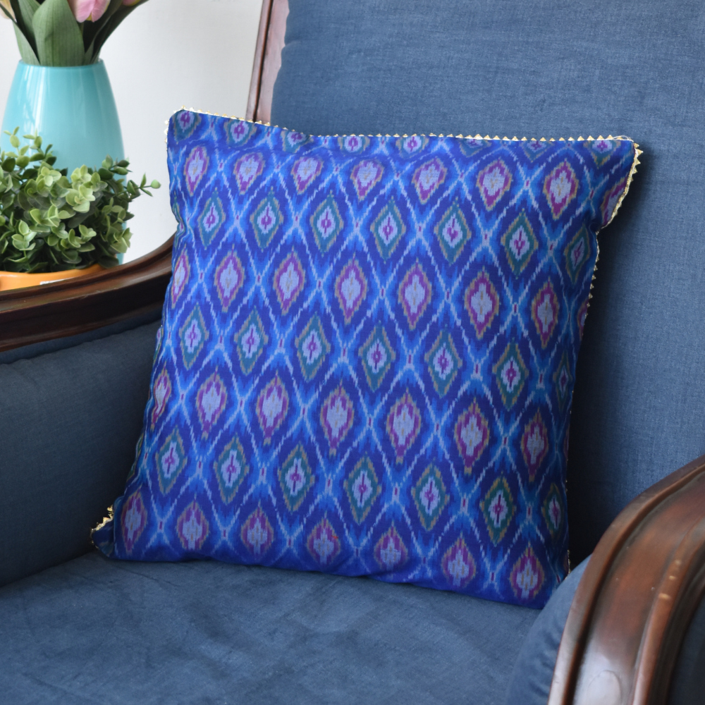 Blue silk ikat cushion cover